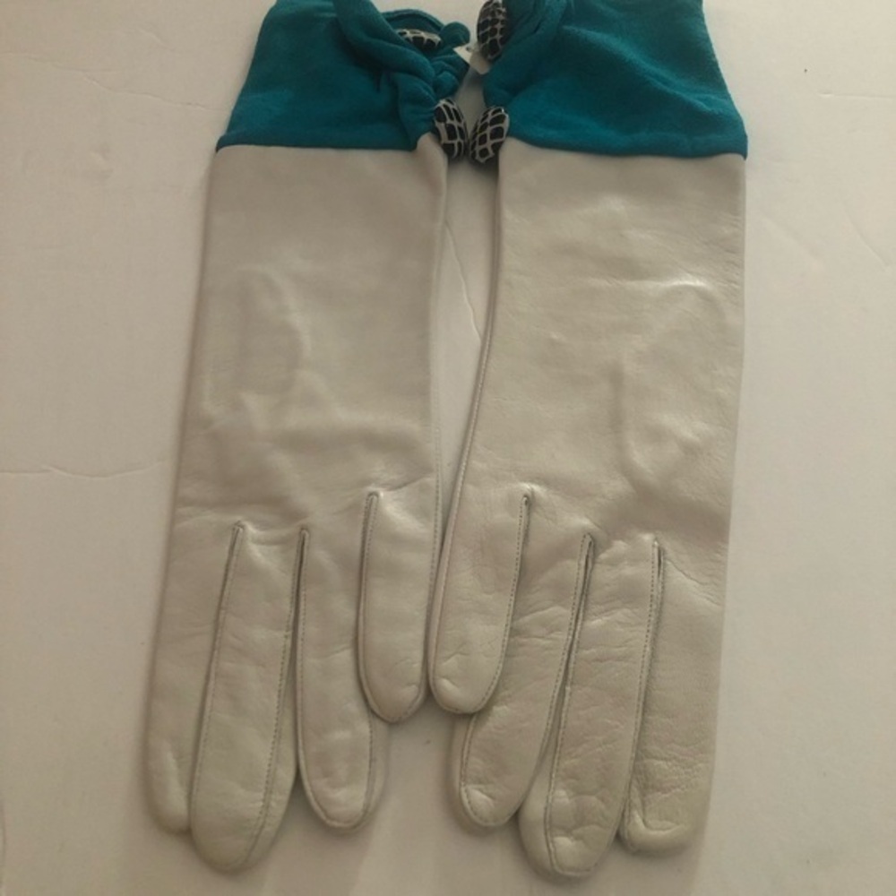 Vintage Glitz 15in 100% Capeskin Leather And Silk White &Teal Gloves 8/ XL